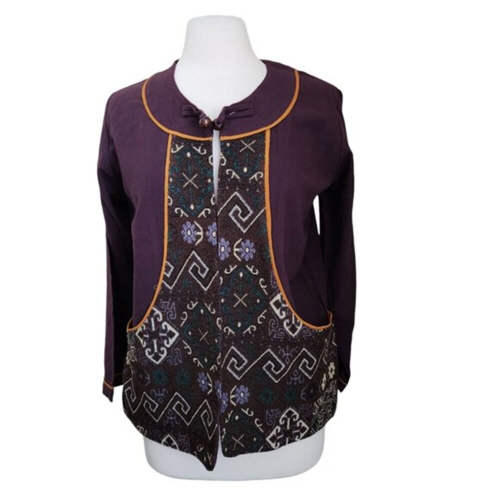Asian Art to Wear Woven Jacket Women's Large Embroidery Purple Wooden‎ Button
